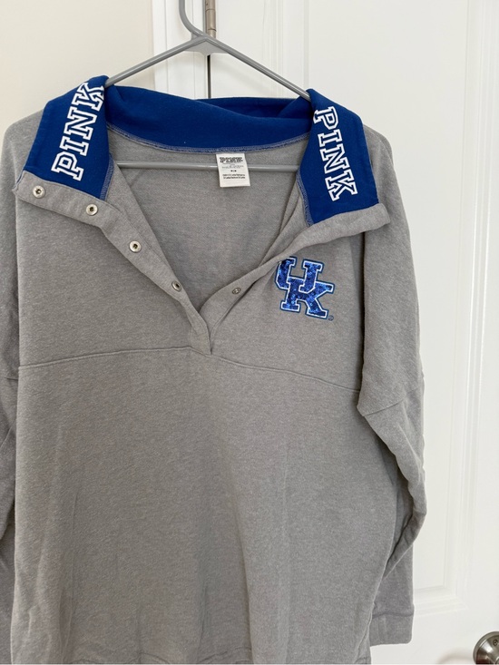 PINK Victoria's Secret Tops - PINK Victoria's Secret Gray Pullover with Blue Collar and UK Crest